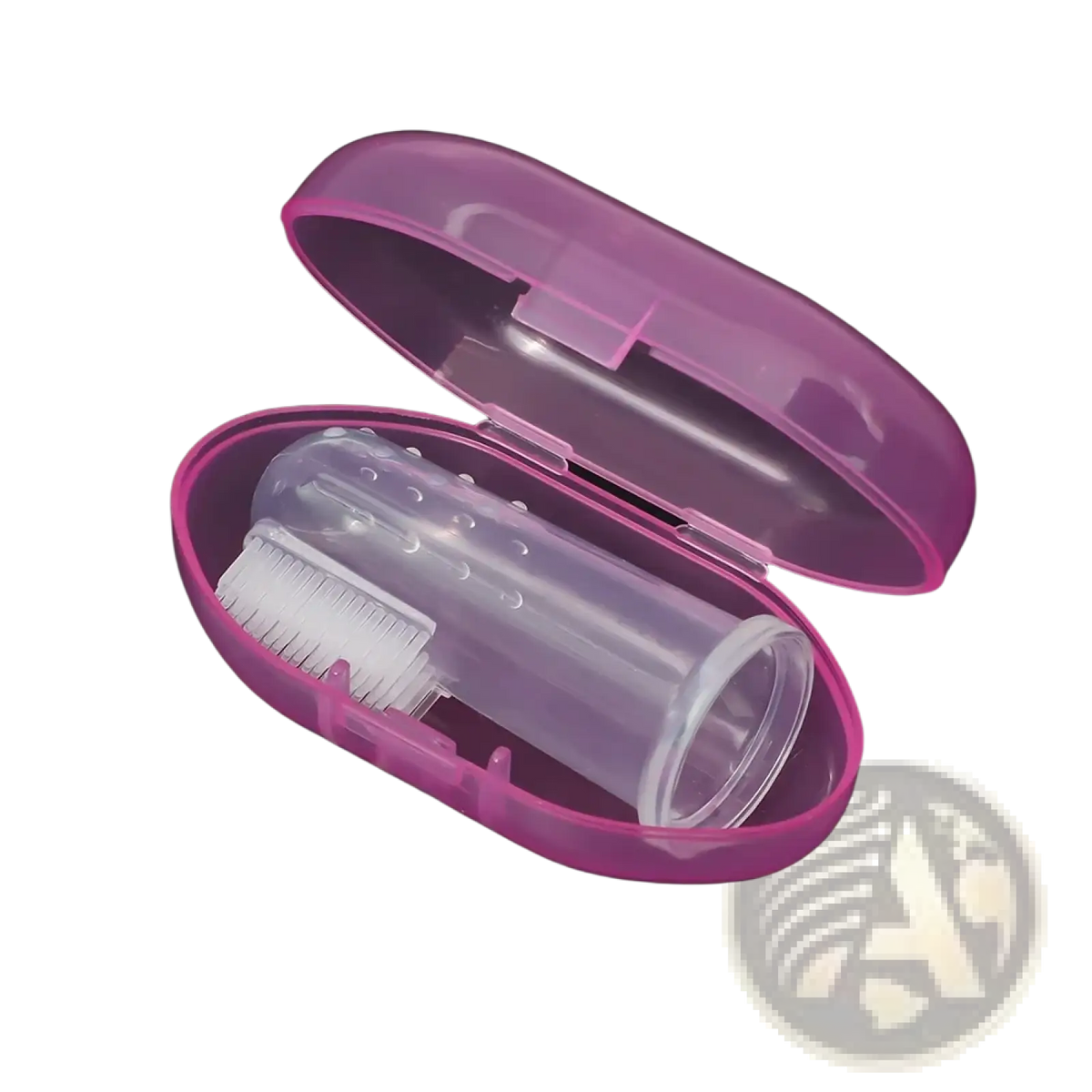 Pink plastic case containing a clear transparent pet nail brush with white bristles silicone baby finger toothbrush bpa free