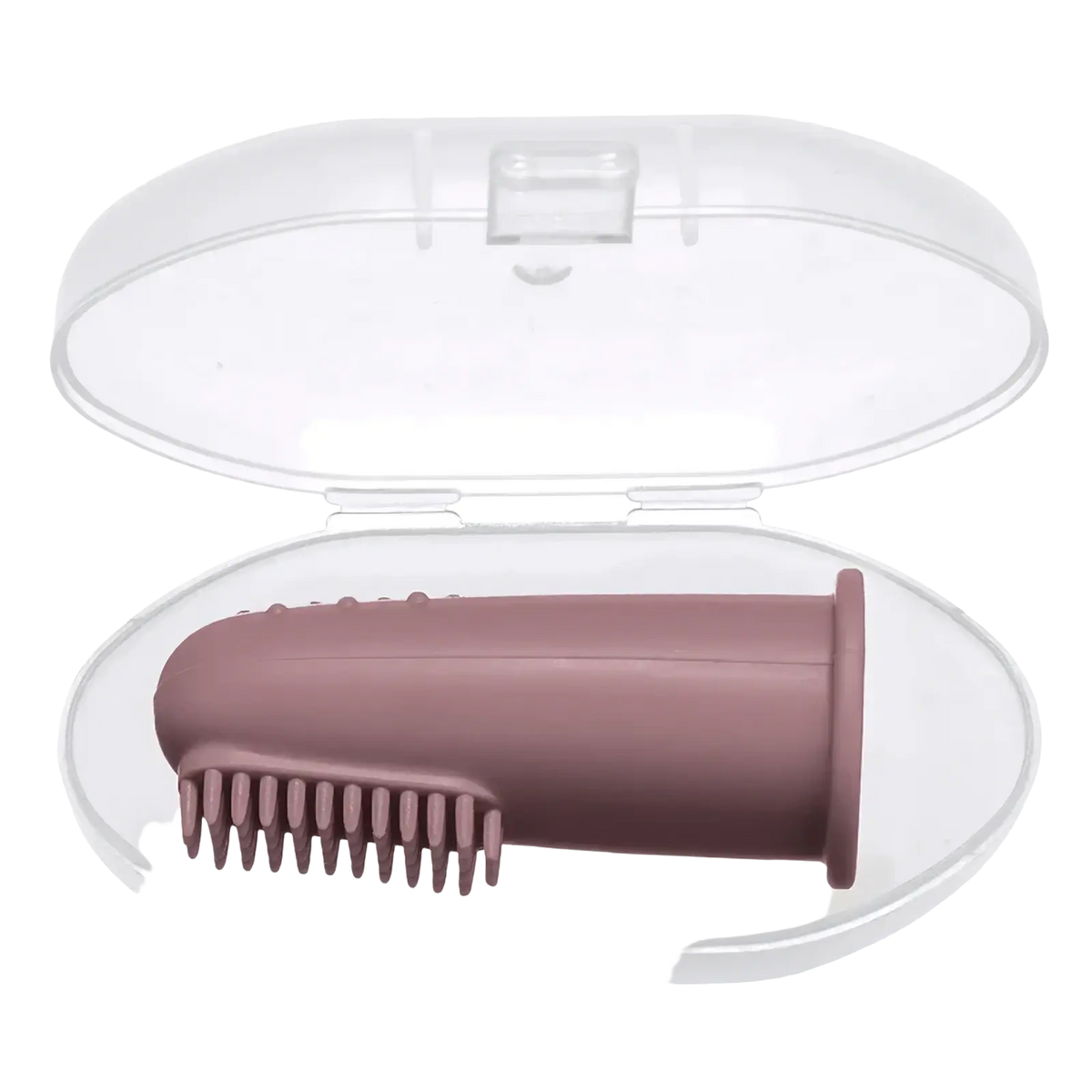 A mauve silicone baby finger toothbrush with soft bristles in a clear case bpa free for oral care