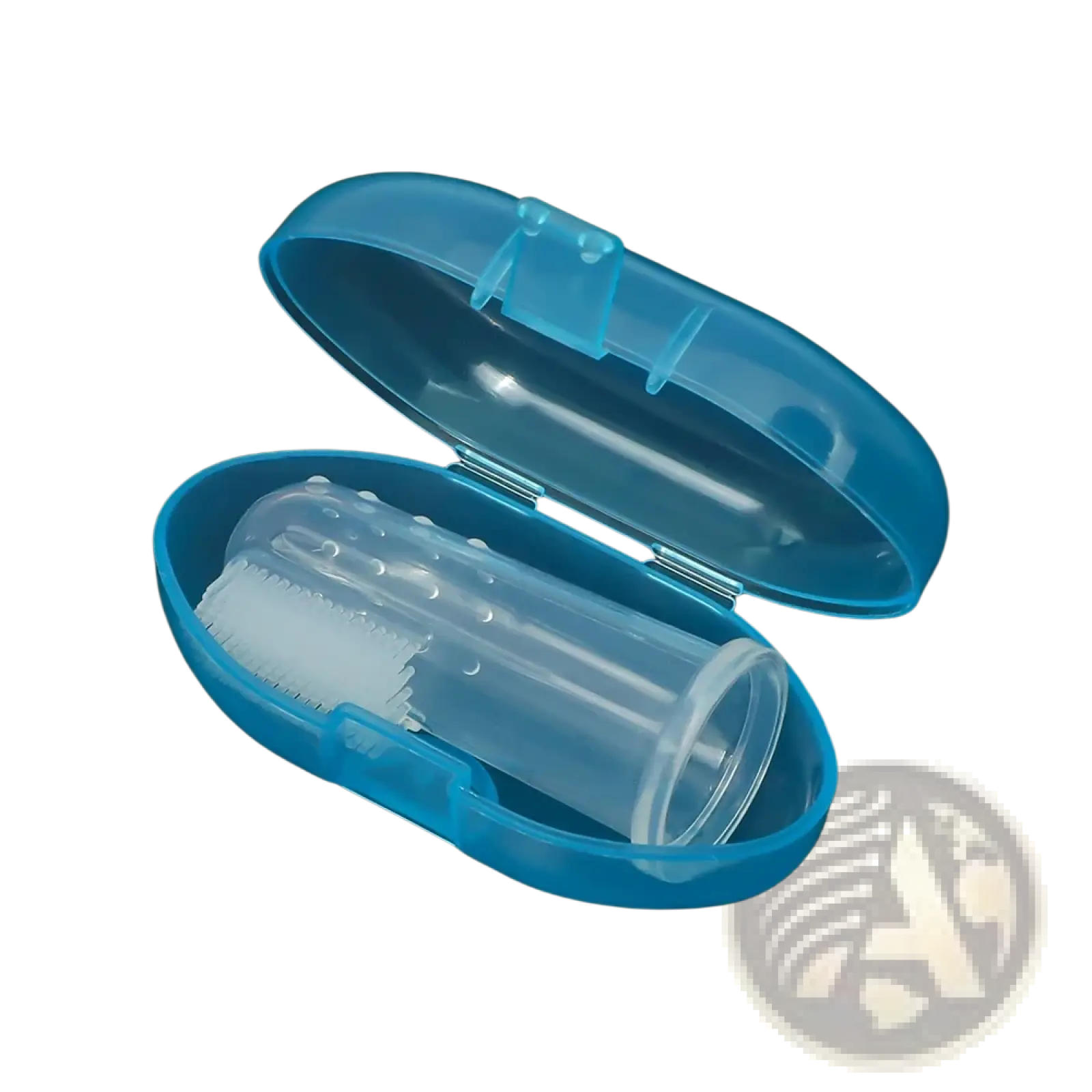 Blue plastic case containing a clear silicone baby finger toothbrush with white bristles bpa free