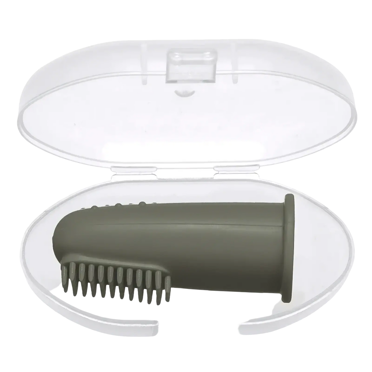 Olive green silicone baby finger toothbrush bpa free for teeth cleaning in a clear plastic case