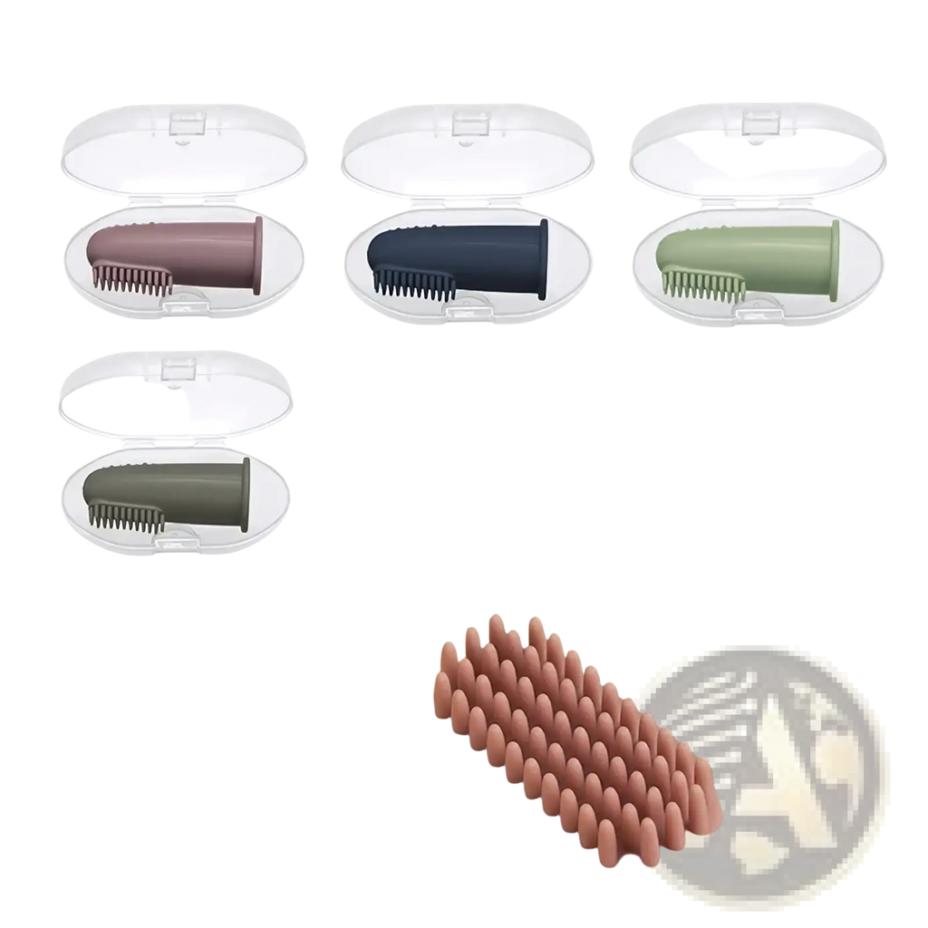 Pastel pink and sage green silicone baby finger toothbrushes bpa free in clear plastic cases for infant oral care