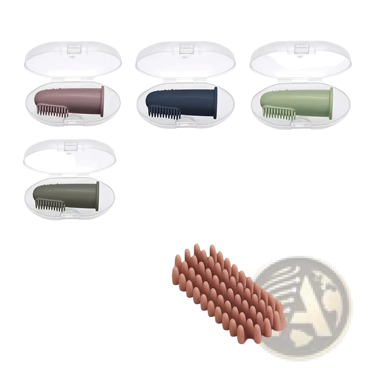 Pastel pink and sage green silicone baby finger toothbrushes bpa free in clear plastic cases for infant oral care