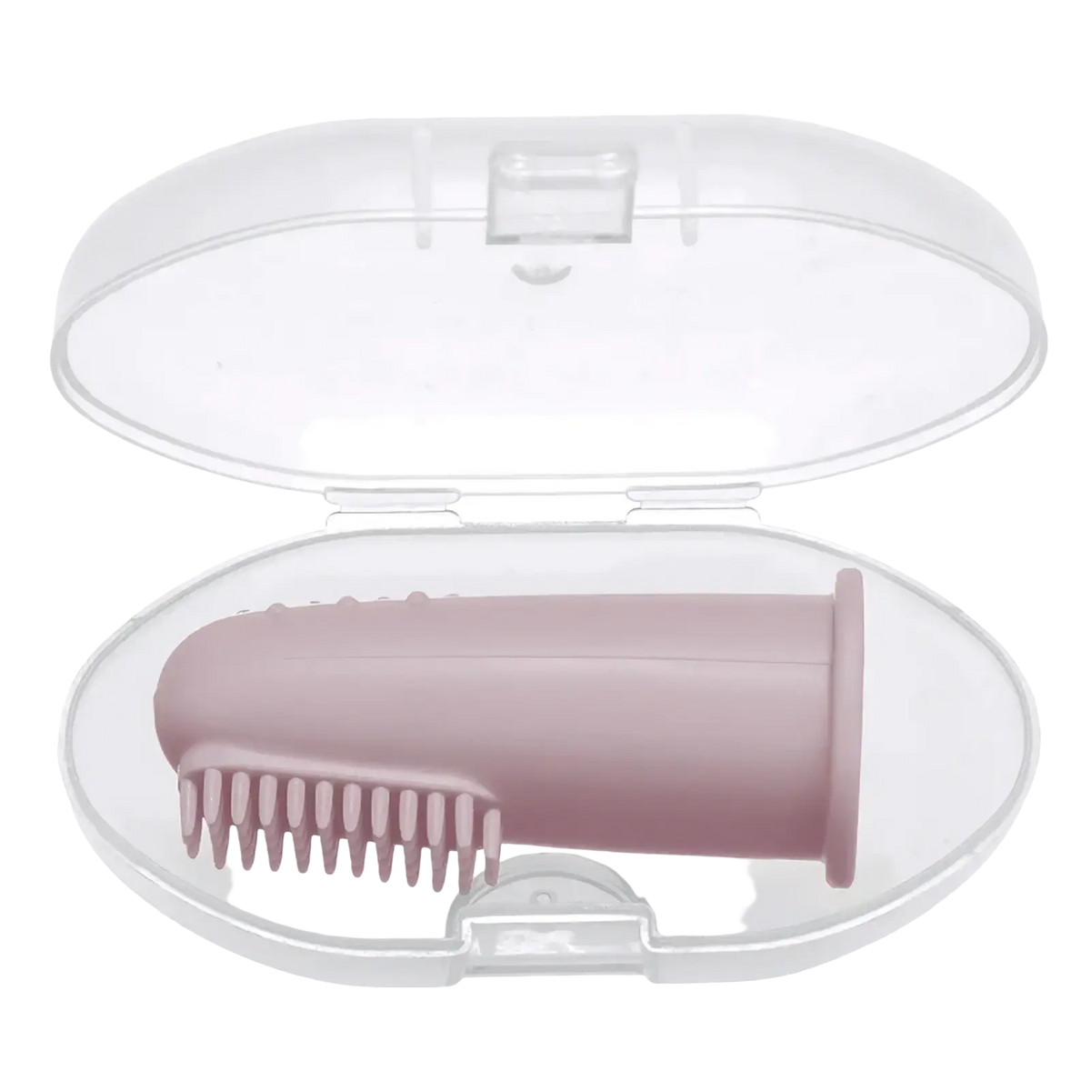 Pink silicone baby finger toothbrush bpa free shown inside a clear plastic protective case for safe storage