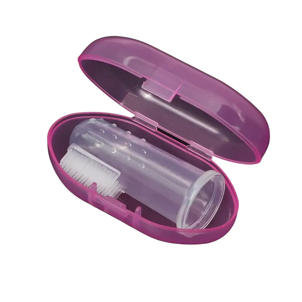 Pink plastic case containing a clear transparent pet nail brush with white bristles silicone baby finger toothbrush bpa free