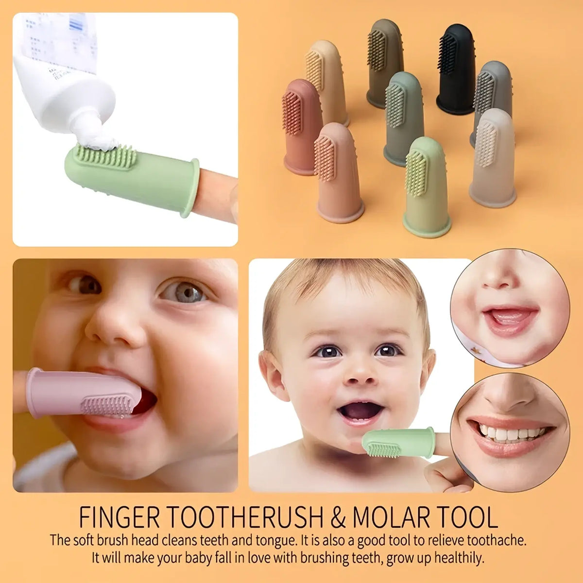 Soft silicone baby finger toothbrushes in pastel shades bpa free designed for gentle teeth and tongue cleaning
