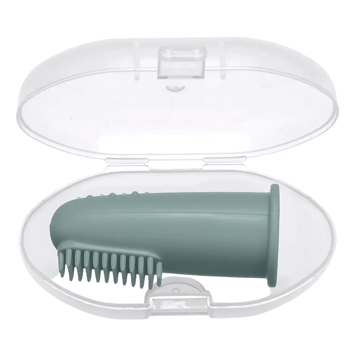 Teal silicone baby finger toothbrush bpa free nestled in a clear plastic case for infant oral care