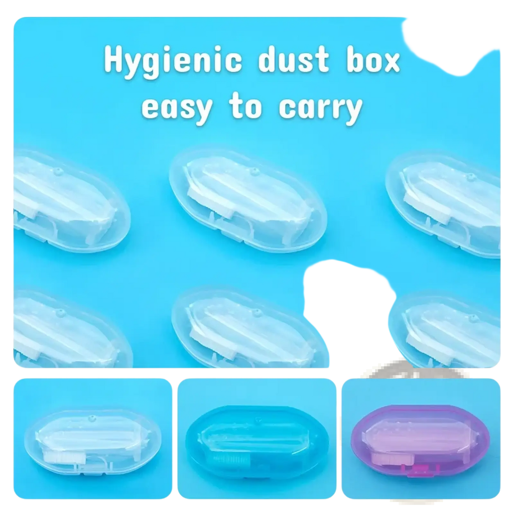 Transparent plastic hygienic dust box with hinged lid and compartment for silicone baby finger toothbrush bpa free in clear blue and purple