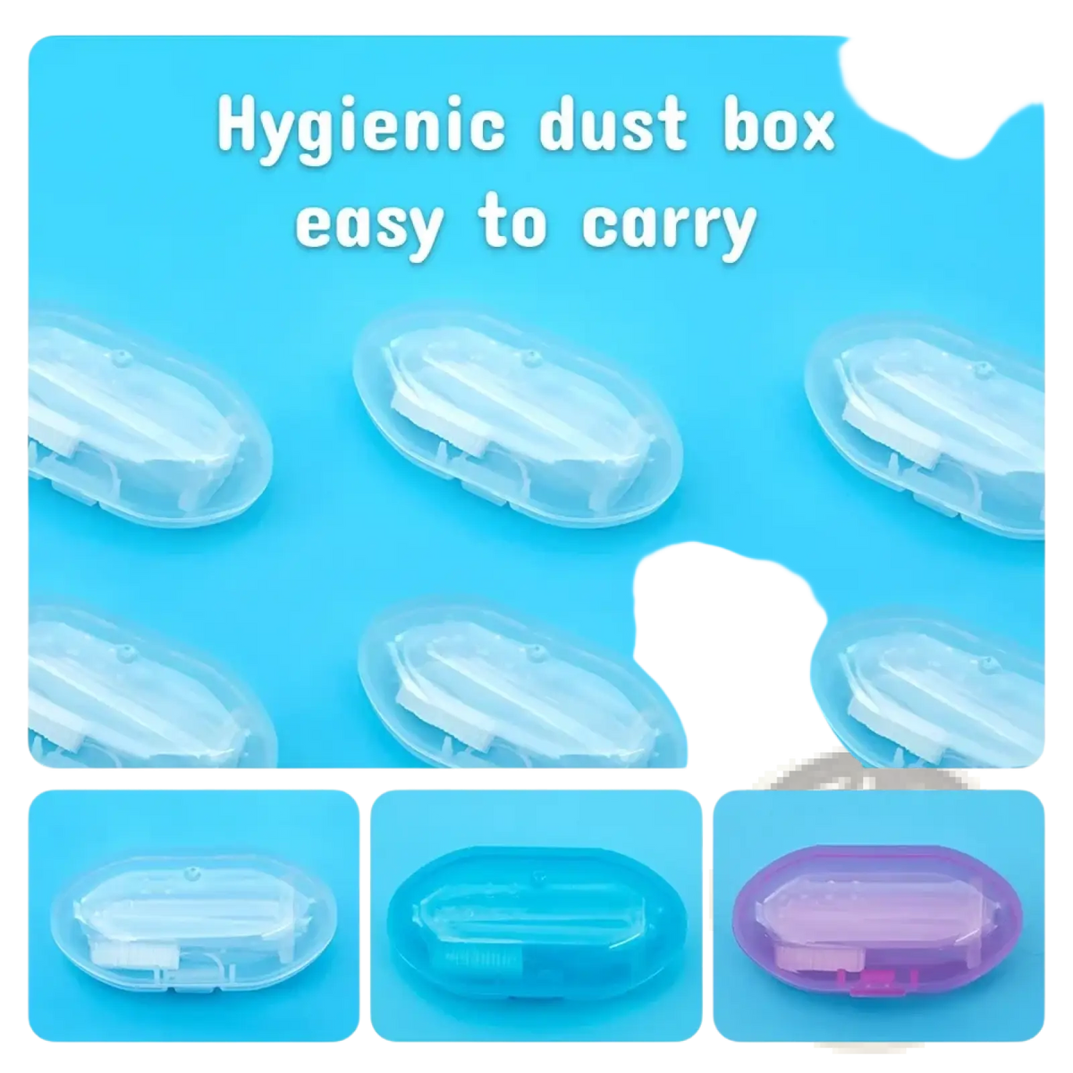 Transparent plastic hygienic dust box with hinged lid and compartment for silicone baby finger toothbrush bpa free in clear blue and purple