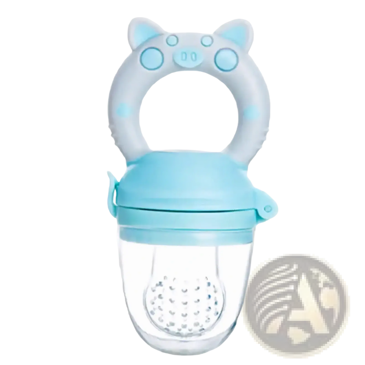Light blue and white silicone baby fruit feeder and teether set with a pig face design for safe teething