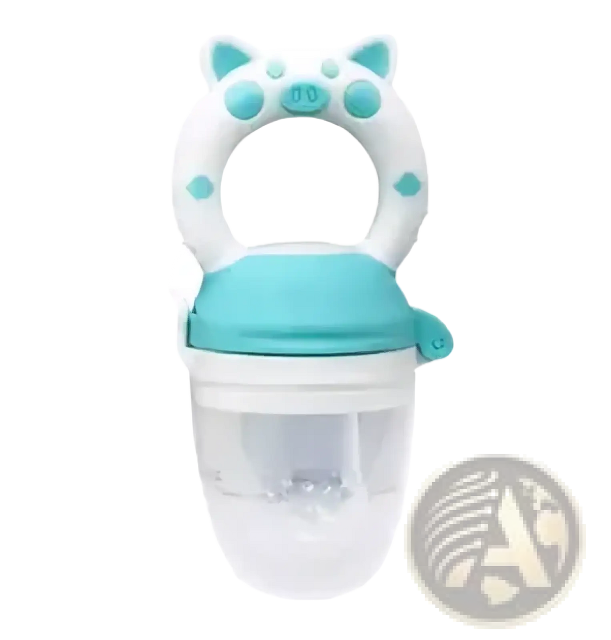 Teal and white silicone baby fruit feeder and teether set with cat ear design for safe infant feeding and teething