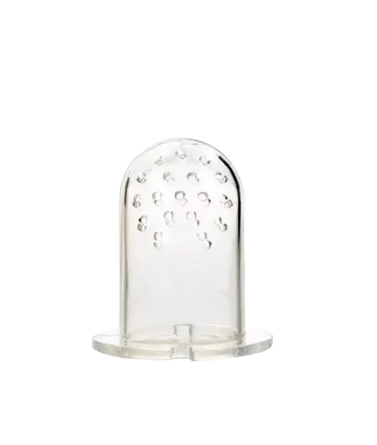 Clear silicone baby fruit feeder and teether set with dome-shaped top and raised bumps for infants 0-3 months