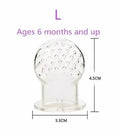 Clear silicone baby fruit feeder and teether set with rounded textured top and flat base for soothing teething relief
