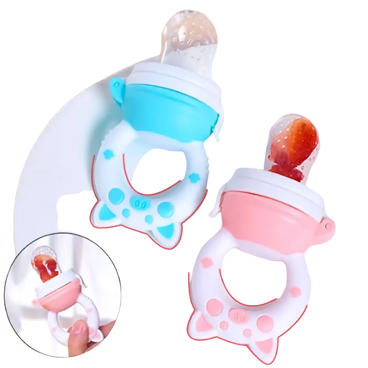 Silicone baby fruit feeder and teether set with cute cat shape, clear fruit compartment, and soft blue or pink handles
