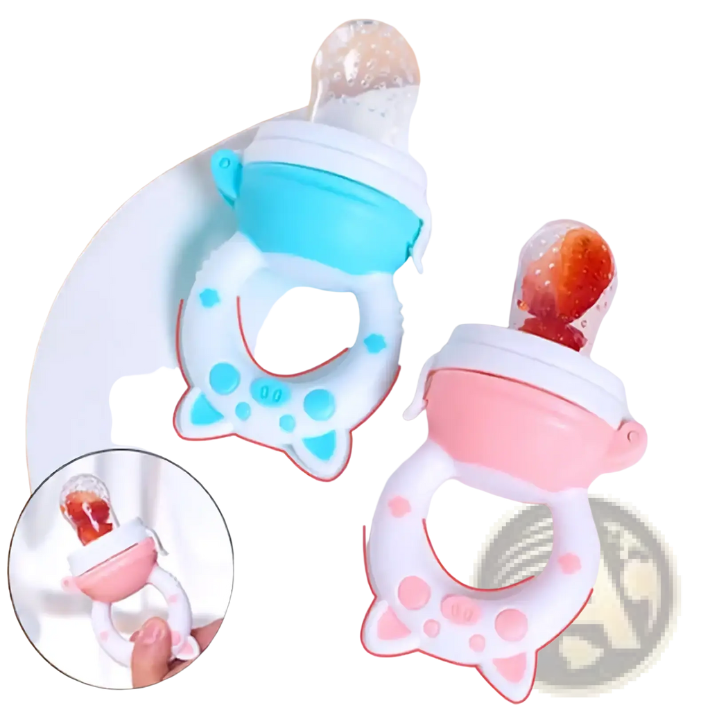 Silicone baby fruit feeder and teether set with cute cat shape, clear fruit compartment, and soft blue or pink handles