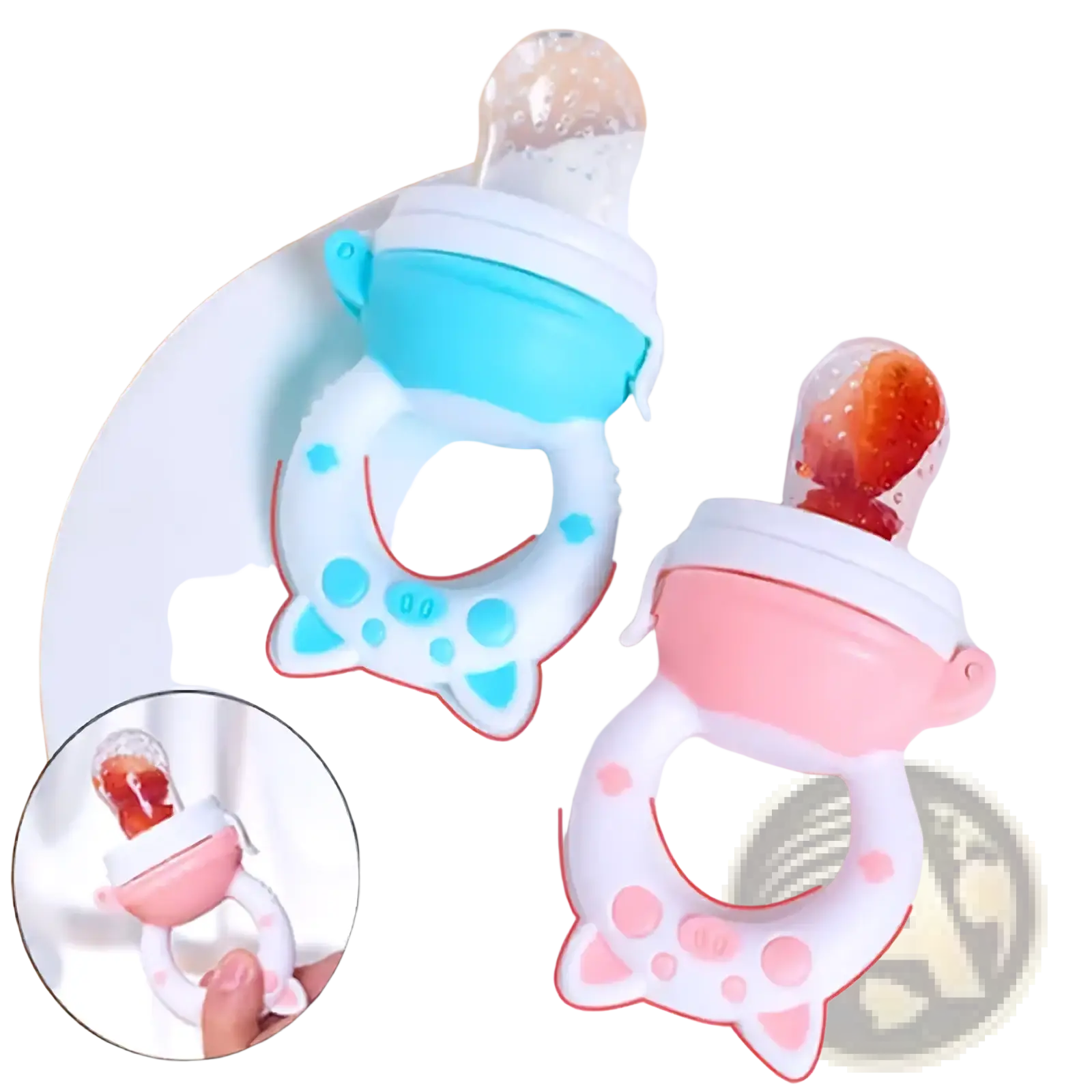 Silicone baby fruit feeder and teether set with cute cat shape, clear fruit compartment, and soft blue or pink handles