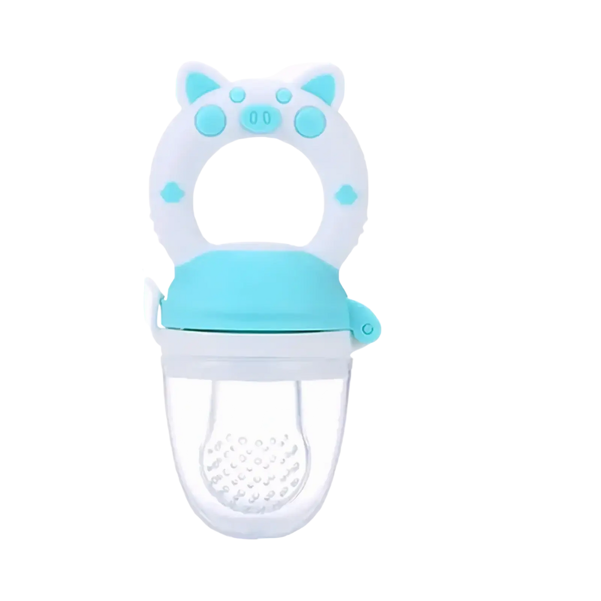Silicone baby fruit feeder and teether set in white and light blue silicone with a cute pig face design