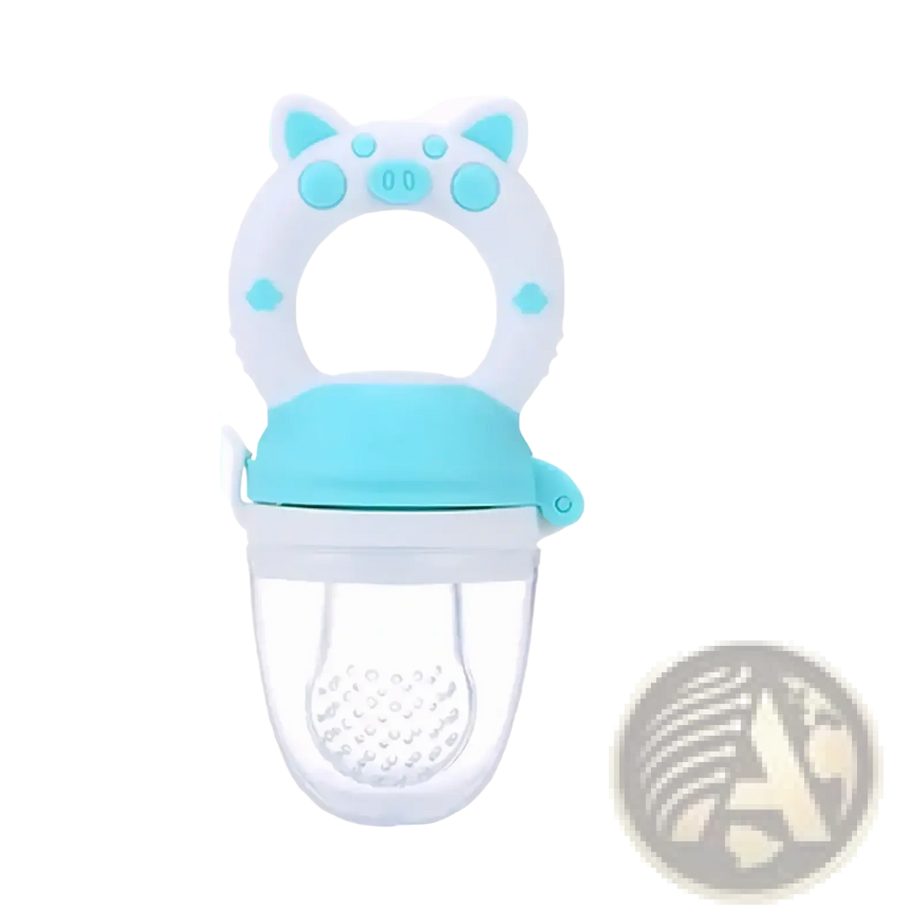 Silicone baby fruit feeder and teether set in white and light blue silicone with a cute pig face design