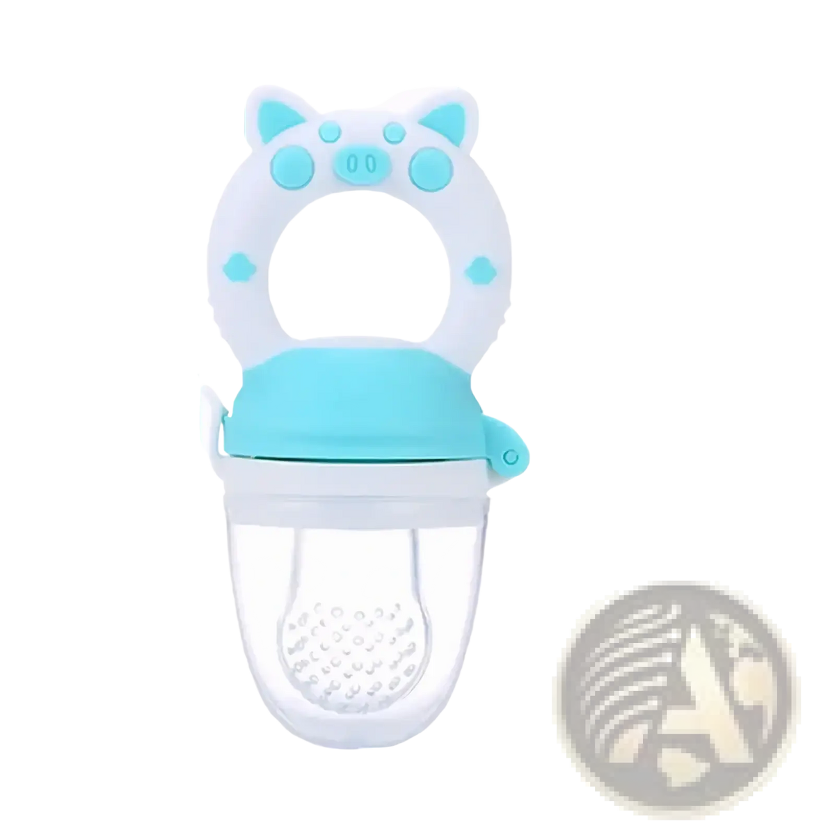 Silicone baby fruit feeder and teether set in white and light blue silicone with a cute pig face design