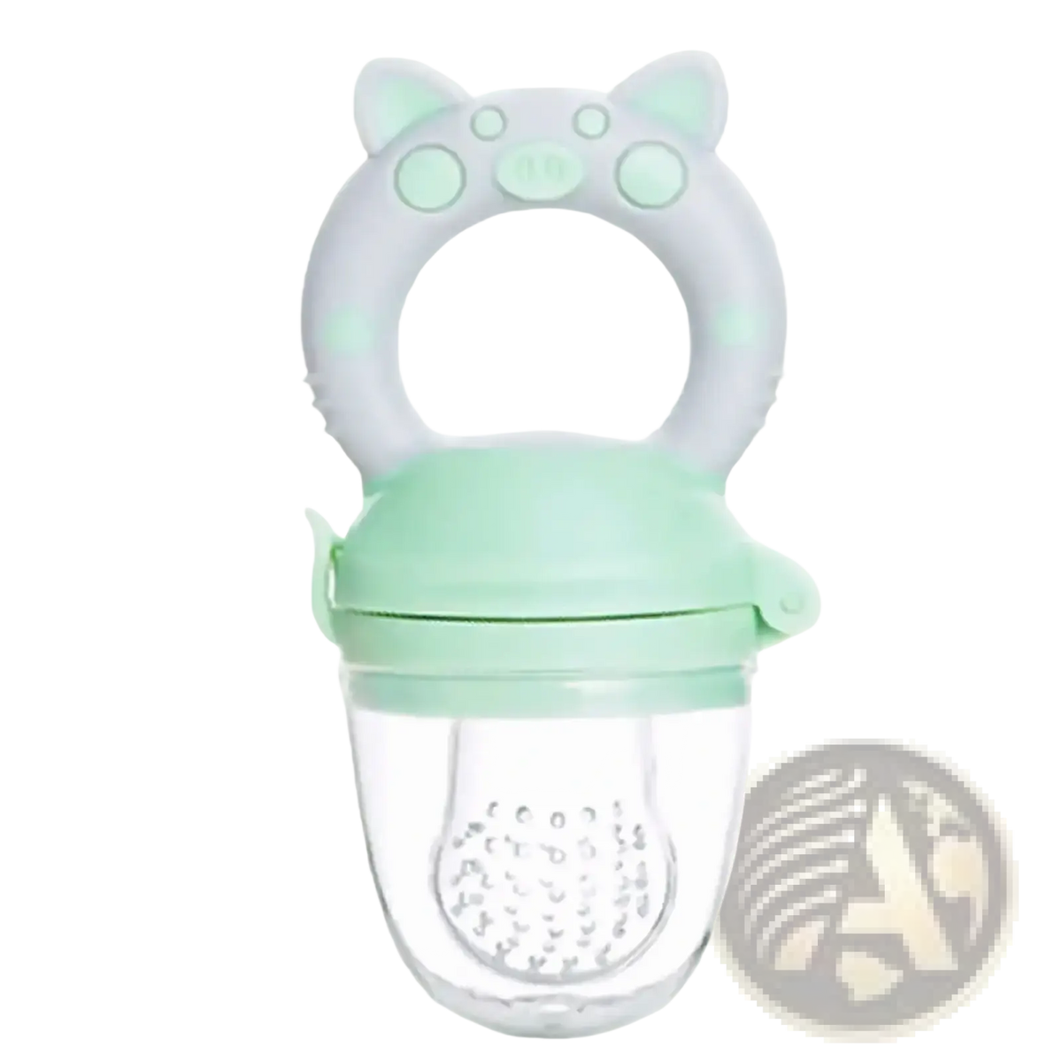 Mint green and light gray silicone baby fruit feeder and teether set with a pig face design for safe chewing