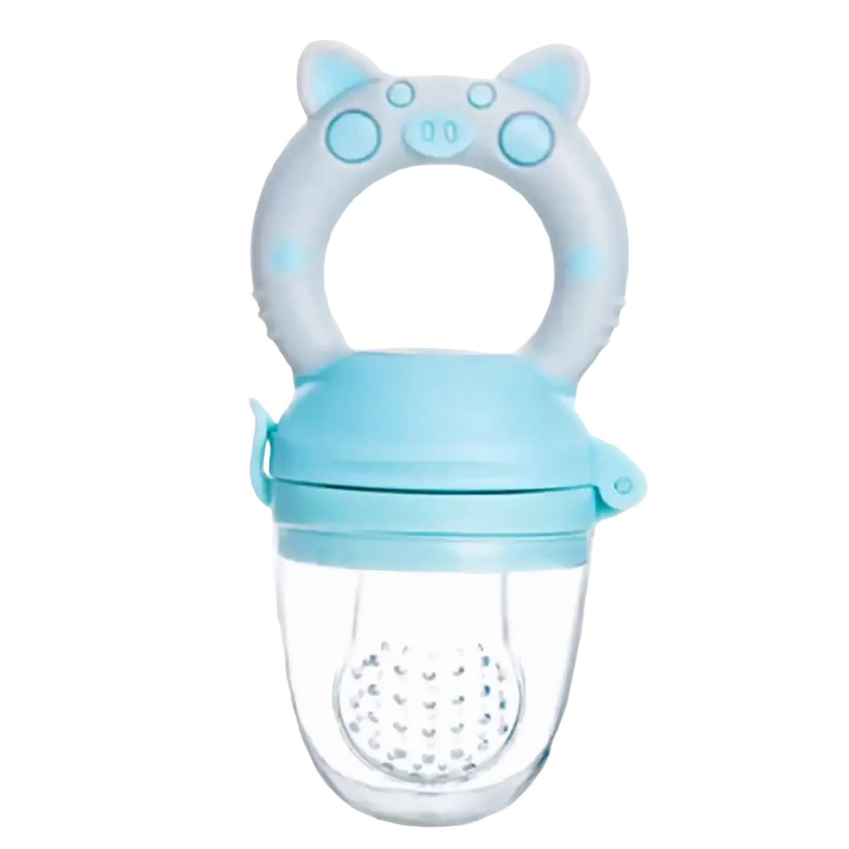Light blue and white silicone baby fruit feeder and teether set with a pig face design for safe teething