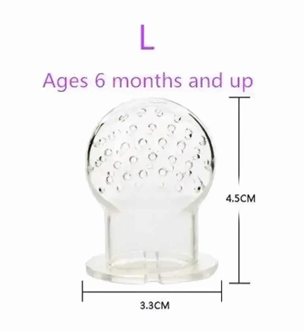 Clear silicone baby fruit feeder and teether set with rounded textured top and flat base for soothing teething relief