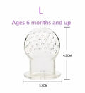 Clear silicone baby fruit feeder and teether set with rounded textured top and flat base for soothing teething relief