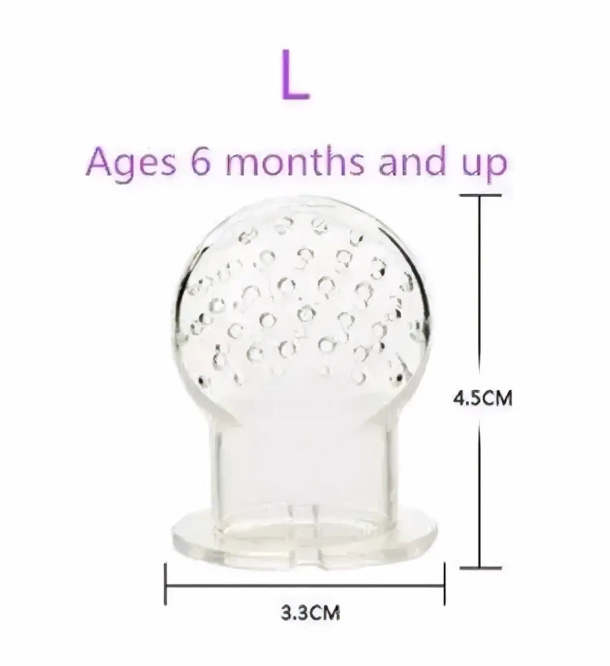 Clear silicone baby fruit feeder and teether set with rounded textured top and flat base for soothing teething relief
