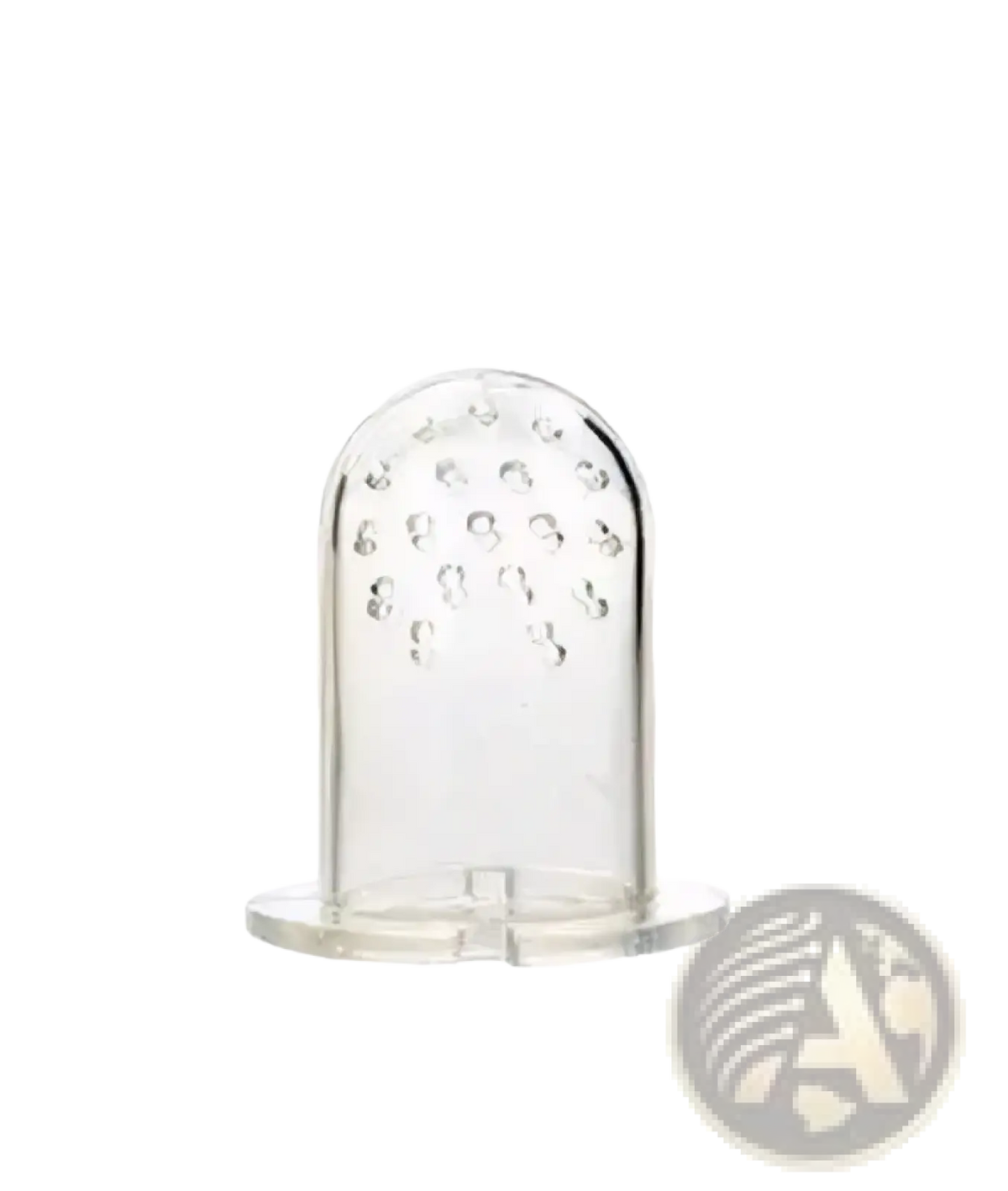 Clear silicone baby fruit feeder and teether set with dome-shaped top and raised bumps for infants 0-3 months