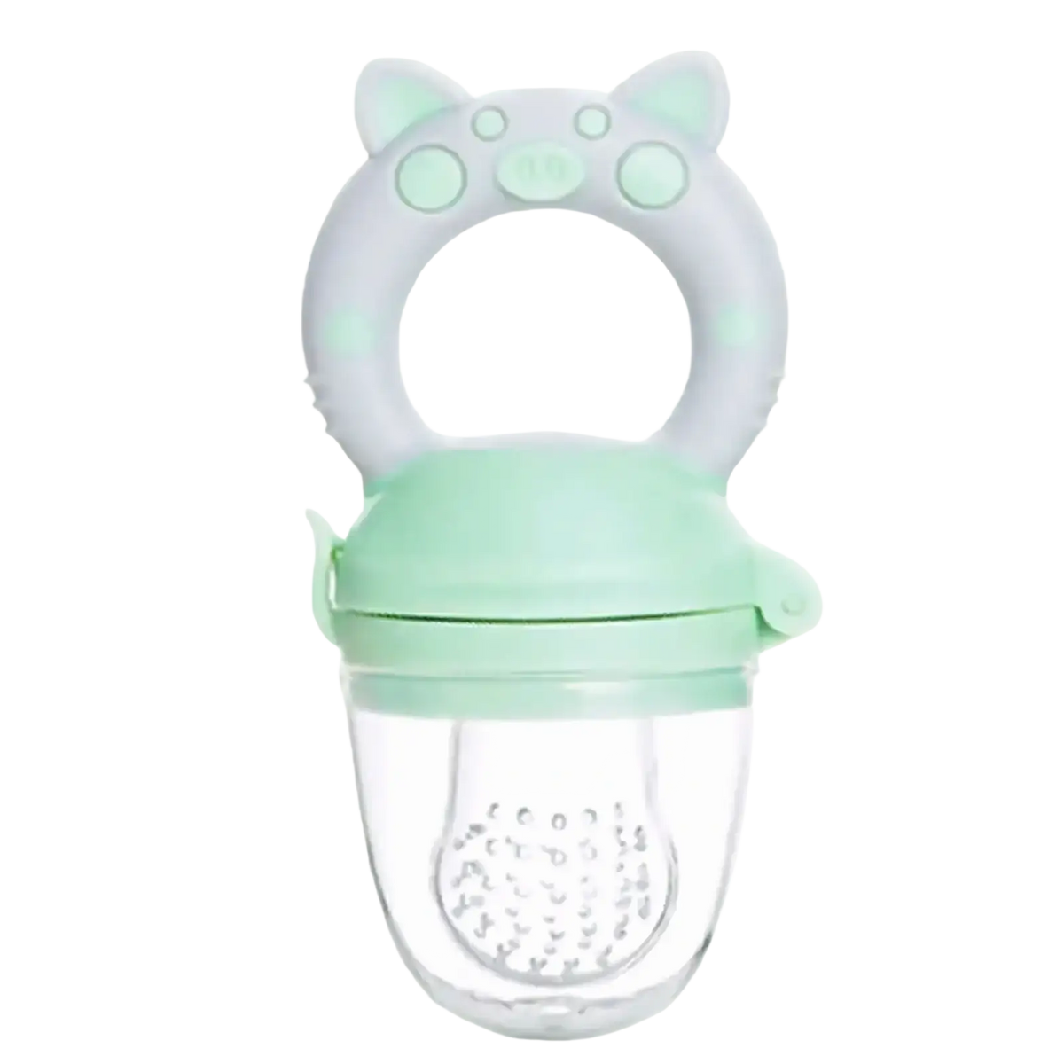 Mint green and light gray silicone baby fruit feeder and teether set with a pig face design for safe chewing