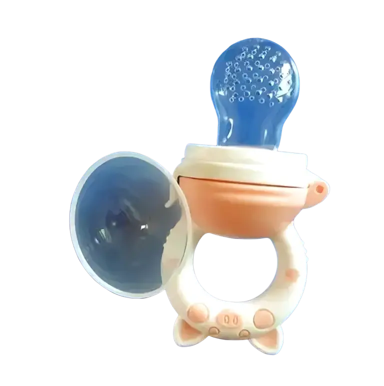Pink silicone baby fruit feeder and teether set with clear textured teat and matching lid for safe feeding