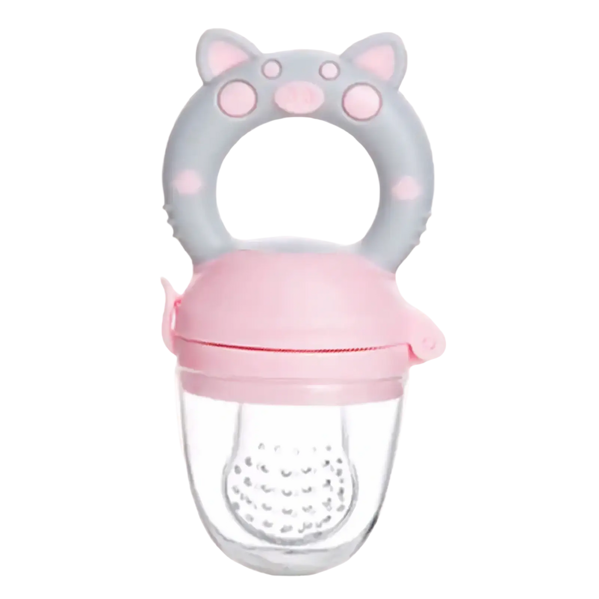 Silicone baby fruit feeder and teether set featuring pink and gray silicone cat-shaped feeder with clear plastic compartment