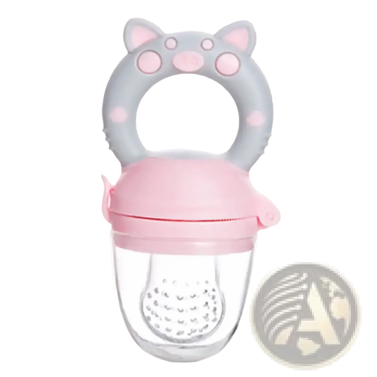 Silicone baby fruit feeder and teether set featuring pink and gray silicone cat-shaped feeder with clear plastic compartment