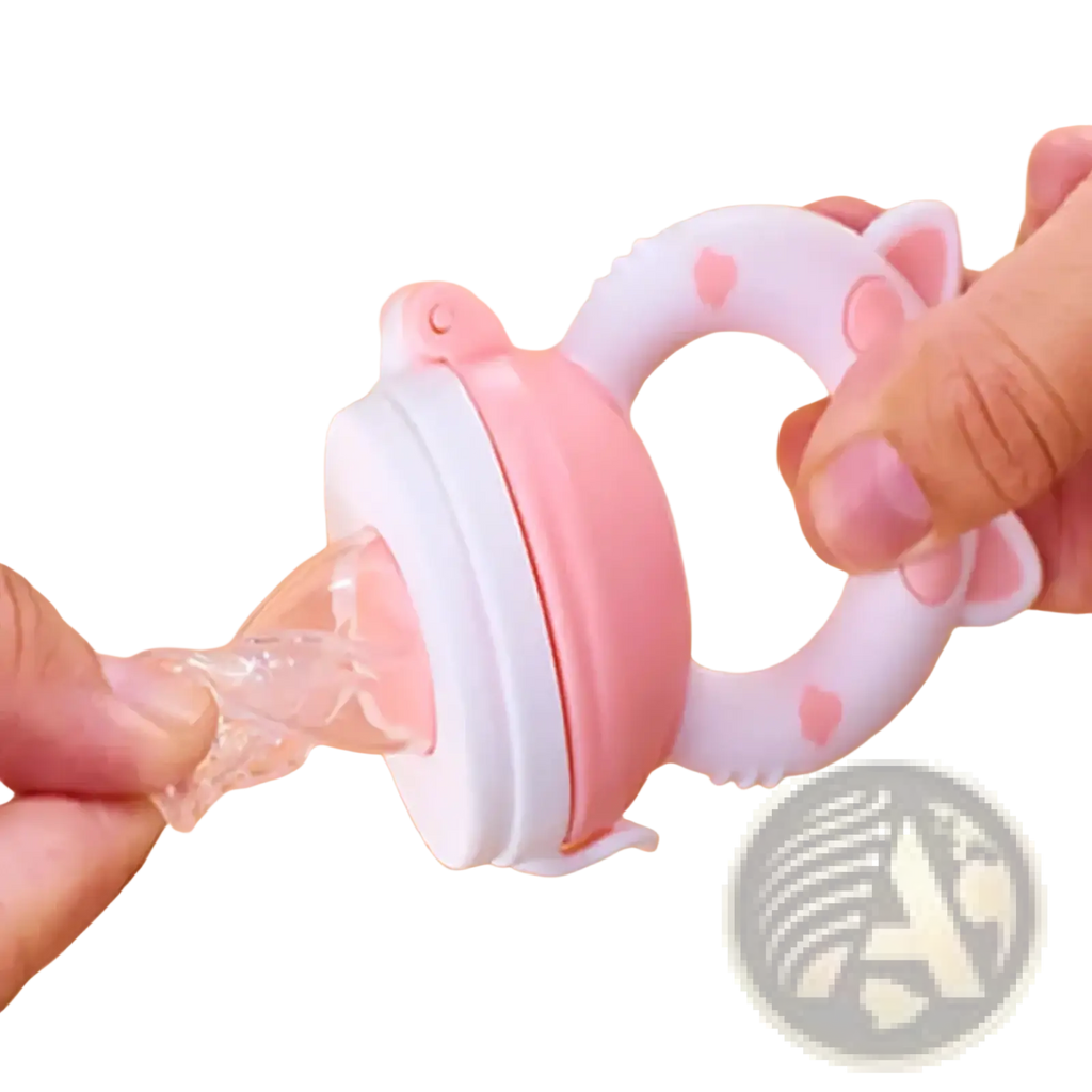Silicone baby fruit feeder and teether set in pink and white with cat ears and heart details made of silicone