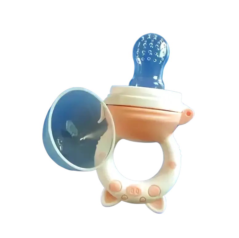 Pink and white silicone baby fruit feeder and teether set with clear plastic top and small bumps for gum soothing