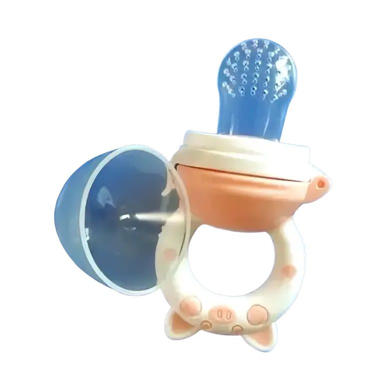 Silicone baby fruit feeder and teether set in pink and white with clear plastic top and raised bumps for gum soothing