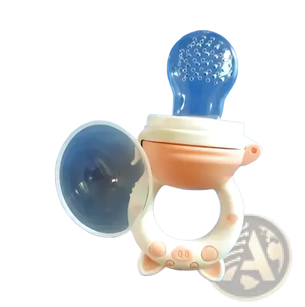 Pink silicone baby fruit feeder and teether set with clear textured teat and matching lid for safe feeding