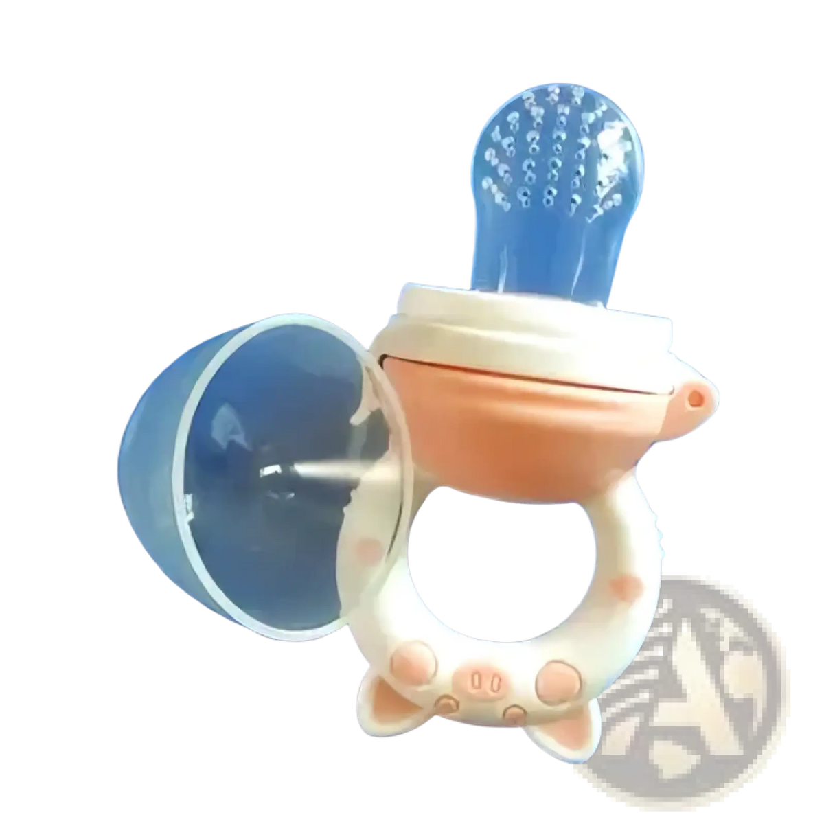 Silicone baby fruit feeder and teether set in pink and white with clear plastic top and raised bumps for gum soothing
