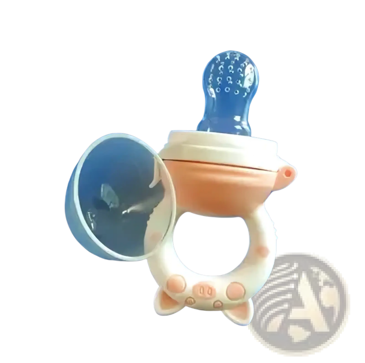 Pink and white silicone baby fruit feeder and teether set with clear plastic top and small bumps for gum soothing