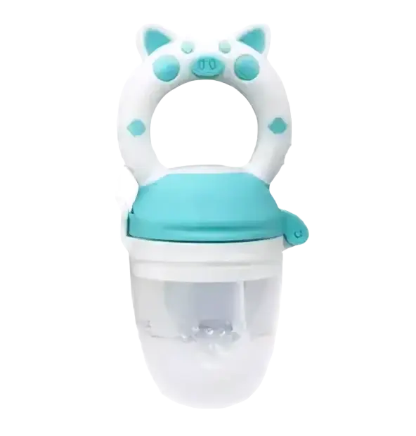 Teal and white silicone baby fruit feeder and teether set with cat ear design for safe feeding and teething