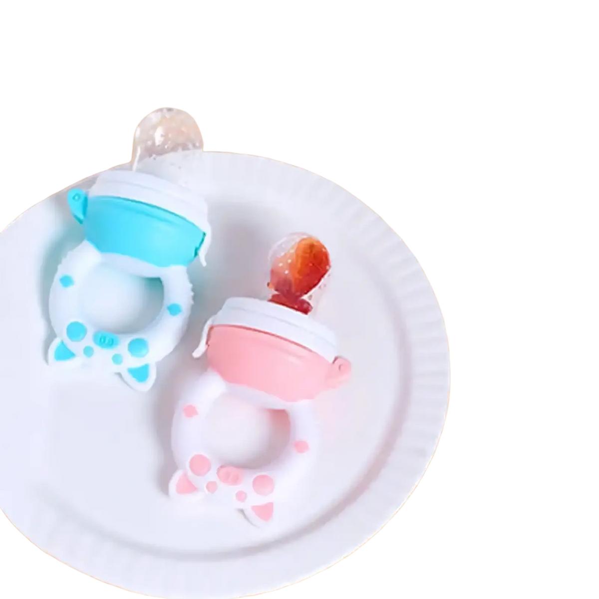 Two colorful silicone baby fruit feeders and teethers in blue with cat design and pink with paw print pattern