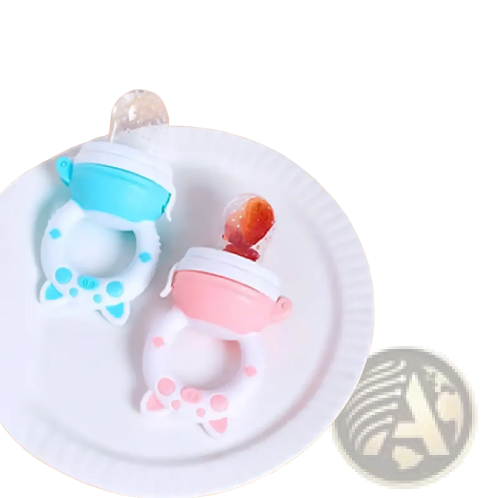 Two colorful silicone baby fruit feeders and teethers in blue with cat design and pink with paw print pattern