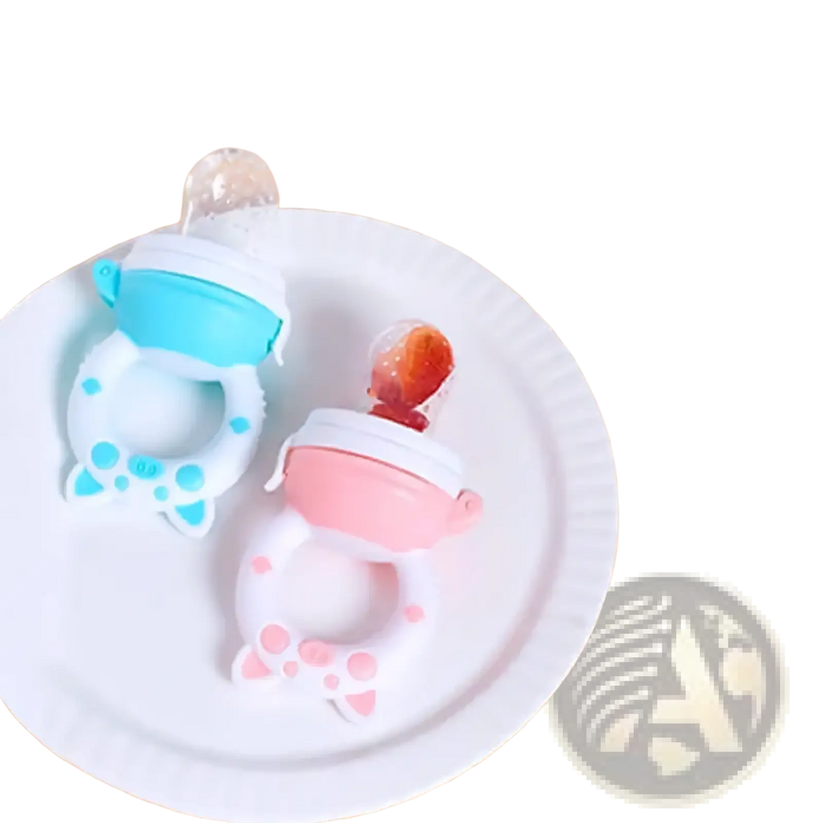 Two colorful silicone baby fruit feeders and teethers in blue with cat design and pink with paw print pattern