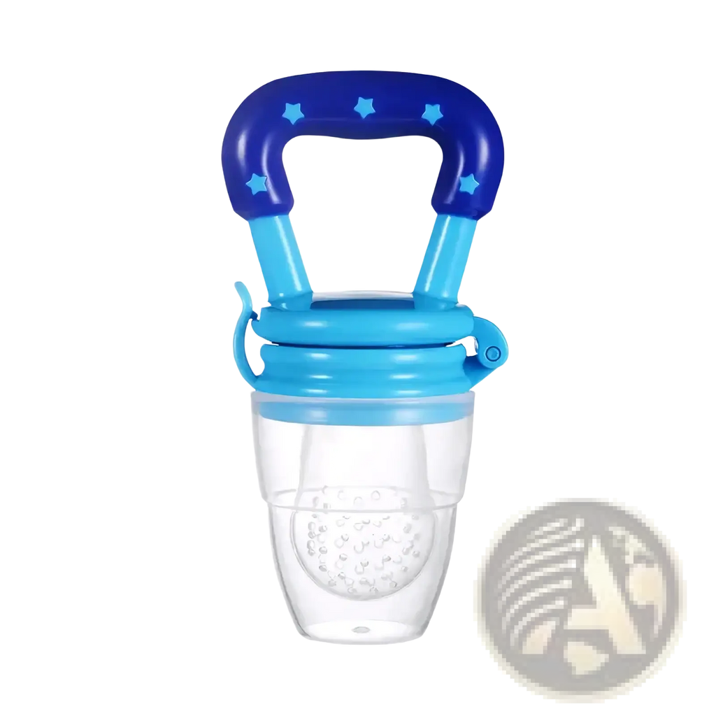 Silicone baby fruit feeder and teether spoon with blue star-patterned handle translucent silicone body and clear feeder