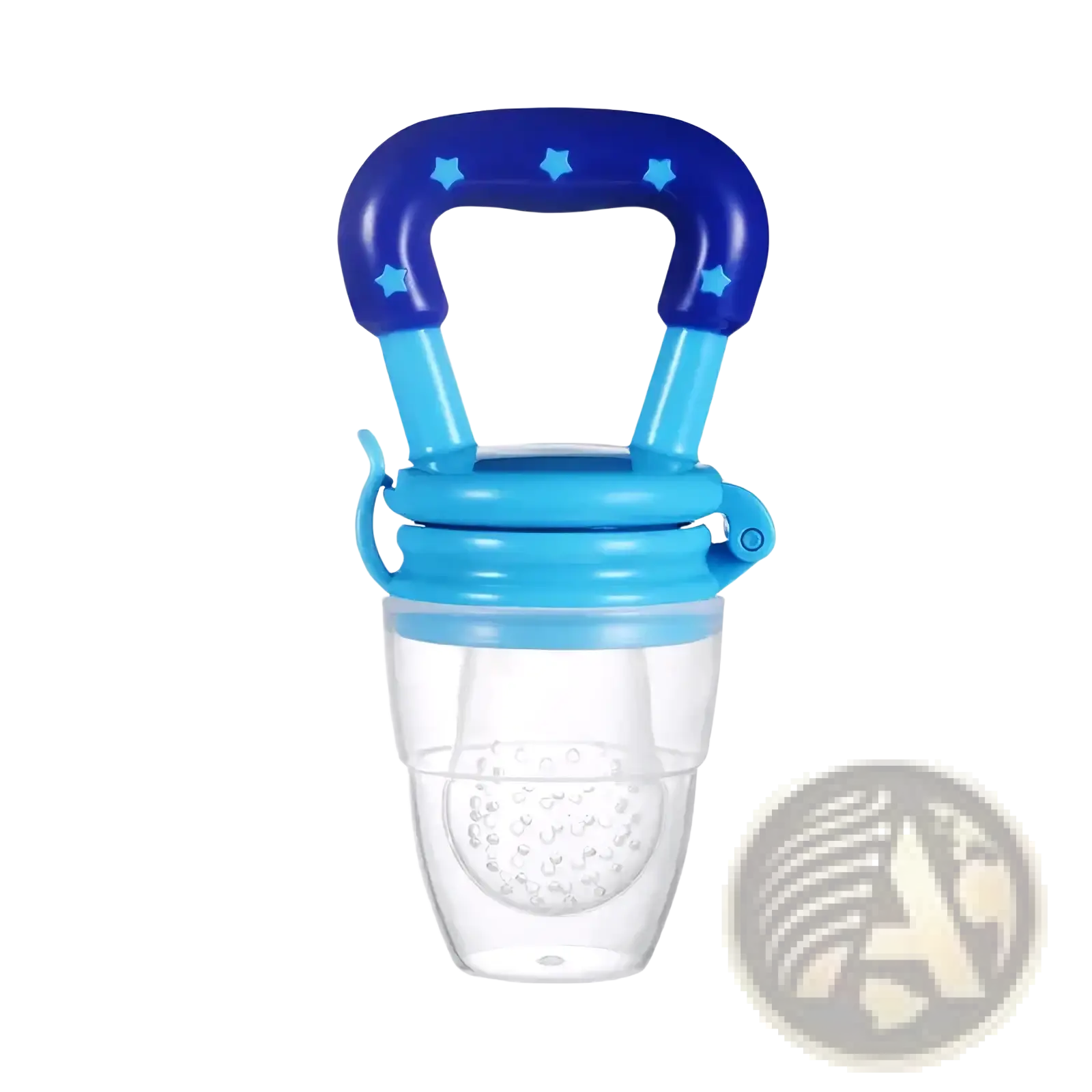 Silicone baby fruit feeder and teether spoon with blue star-patterned handle translucent silicone body and clear feeder