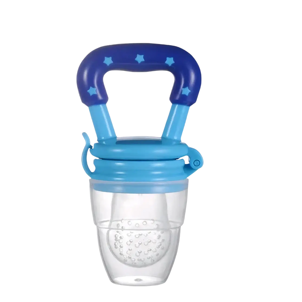 Silicone baby fruit feeder and teether spoon with blue star-patterned handle, light blue accents, and clear silicone feeder