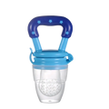 Silicone baby fruit feeder and teether spoon with blue star-patterned handle, light blue accents, and clear silicone feeder