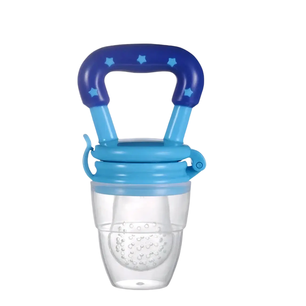Silicone baby fruit feeder and teether spoon with blue star-patterned handle and translucent clear body for safe feeding