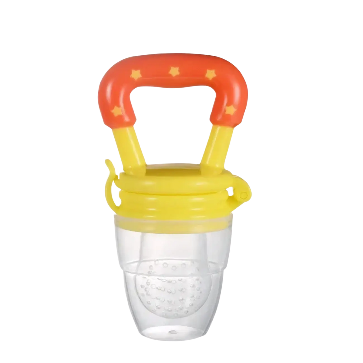 Silicone baby fruit feeder and teether spoon with bright orange yellow plastic star grip and clear silicone compartment