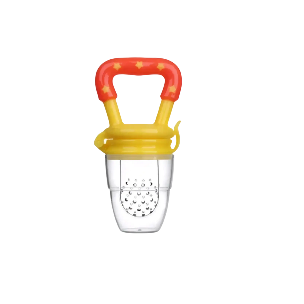 Silicone baby fruit feeder and teether spoon with a clear plastic feeder and red yellow star patterned handle