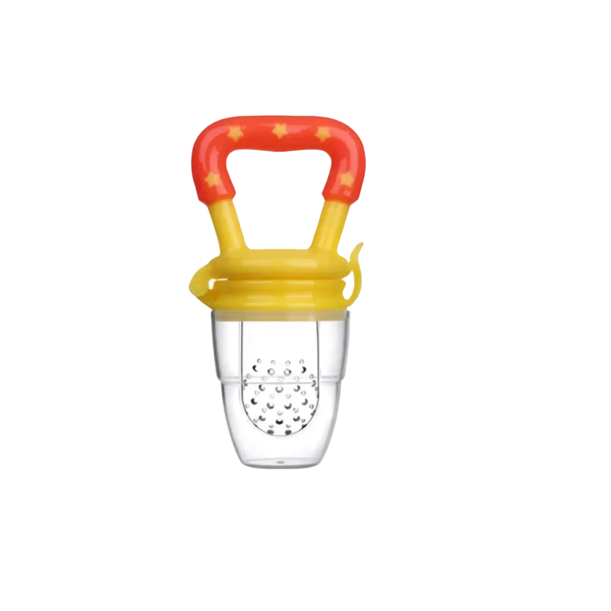 Silicone baby fruit feeder and teether spoon with a clear plastic feeder and red yellow star patterned handle